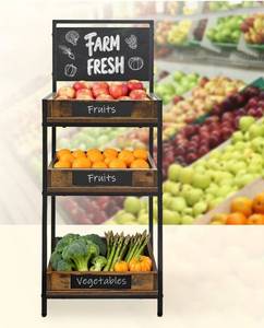 lot 4191 image: Okydoky Fruit and Vegetable Stand with Wood Trays, Bakery Display Rack, Bread Display Shelf, 3-Tier Vintage Metal Design with Woodboard Signs, for Kitchen, Office, Store, Supremarket