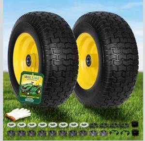 lot 4194 image: 2 Pcs 16x6.50-8 Tire and Wheel,Replacement 16x6.5-6 Flat Free Riding Lawn Mower Front Tires,With 4 Offset Hub and 1 Bearings,Turf-V Pattern,Compatible with Garden Lawn Tractor
