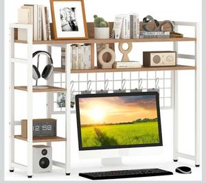 lot 4196 image: Giantex Desktop Bookshelf, 37 Desk Shelf for Up to 32 Computer Monitor, 4 Tier Desktop Display Shelves wGrid Panel, 6 Movable Hooks, Anti-tip Device, Desk Hutch for Home Office Dorm