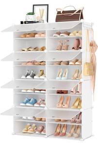 lot 4198 image: Shoe Rack 8 Tier Shoe Storage Cabinet with Door 32 Pair Tall Shoes Rack Organizer Free Standing Expandable Stable Plastic Easy Assembly Shoes Shelf for Closet Hallway Entryway Bedroom White