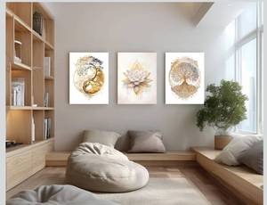 lot 4201 image: GELDSTEI Tree of Life Wall Art, Calming Zen Wall Decor, Abstract Yin Yang Tree Canvas Painting, Modern Gold Lotus Flower Meditation Poster Print for Living Room Yoga Room Bedroom Framed Set of 3, Each 16x24 Inch