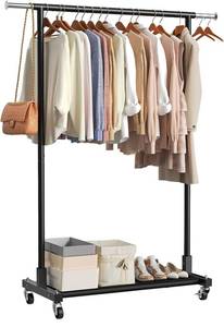 lot 4215 image: Luxspire Clothes Rack with Lockable Wheels, Simple Clothing Garment Rack with Storage Shelves, Hanging Racks for Clothes with Single Rods for Laundry Room, Balcony, Bedroom, Bathroom, Black
