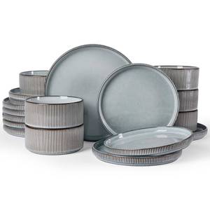 lot 4236 image: Famiware Star 18-Piece Reactive Glaze Plates and Bowls Sets, Service for 6 - Stoneware Dinnerware with Trim, Modern Rustic Dishes, Chip & Scratch Resistant, Microwave & Dishwasher Safe, Smoky Blue