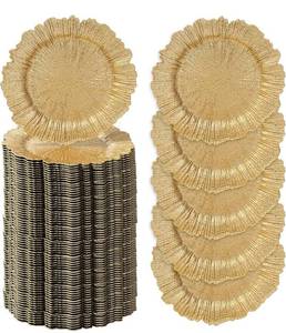 lot 4237 image: 13 Gold Charger Plates Set of 100, Plastic Reef Plate Chargers Bulk, Round Charger for Dinner Plates, Table Chargers for Wedding Decor