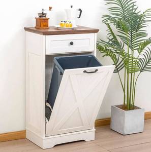 lot 4242 image: 13 Gallons Wooden Tilt Out Trash Cabinet with Drawer, Kitchen Trash Can Cabinet Garbage Recycling Cabinet Pet Proof Trash Cabinet for Kitchen, Living Room (Vintage White