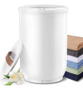 lot 4243 image: Large Towel Warmer for Bathroom - Heated Towel Warmers Bucket, Wood Handle, Auto Shut Off, Fits Up to Two 40X70 Oversized Towels, Bathrobes, Blankets, for Mothers Gifts, White