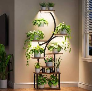 lot 4247 image: Plant Stand with Grow Lights for Indoor Plants, 8-Tiered Tall Corner Plant Shelf with Full Spectrum Light, S-Shaped Space-Saving Narrow Flower Holder, Anti-Tip for Living Room Bedroom Office, Brown