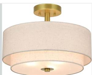 lot 4248 image: XiNBEi Lighting 3 Light Semi Flush Mount Light, Close to Ceiling Light Fixture with Fabric Shade Retro Gold Brass 16 inch Semi Flush Drum Light for Bedroom & Living Room XB-SF1289-GB