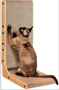 lot 4250 image: EHEYCIGA Cardboard Cat Scratcher for Indoor Cats, 26.8 Inch L Shaped Vertical Cat Scratching Board with Ball Cat Toy, Large Cat Scratcher Pad, Brown