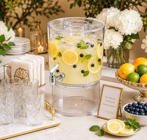 lot 4256 image: 2 Gallon Beverage Dispenser with Party Top Lid, Clear Drink Container for Juice, Water, Iced Tea, Cold Beverages for Parties & Gatherings