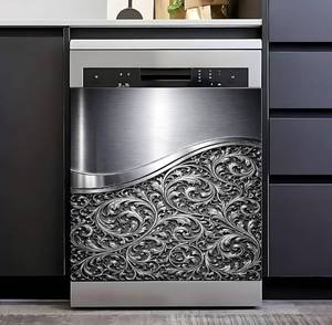lot 4603 image: Dishwasher Magnet Cover Silver 23x26 inch, 2D Faux Metal Decorative Magnetic Dishwasher Cover, Waterproof Removable Appliance Cover Magnet for Modern Kitchen Decor