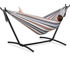 lot 4605 image: Double Hammocks with Stand for Outside, Portable Space Saving Heavy-Duty Steel Frame for Indoor Outdoor Patio Yard, Easy Assembly, 2 Person 450 lbs Capacity