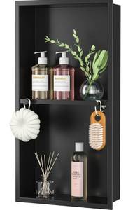 lot 4610 image: Stainless Steel Shower Niche wHooks, Wall Vertical Niche Without Tiling, Recessed Shower Shelf for Bathroom Storage, Over-Mount Installation (Black, 12 x 24)