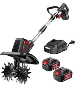 lot 4621 image: Upgraded Cordless Electric Tiller for Gardening, Total 8.0Ah Battery Powered Mini Cultivator with 2�4.0AH Batteries, 9 Width, 6.6 Depth, 48 Steel Tines Rototiller for Soil Cultivation