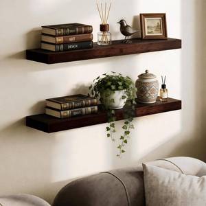 lot 4632 image: BAMEOS Solid Bamboo Floating Shelves, Set of 2 with Invisible Brackets, Natural Wood Grain Decor for Living Room, Bedroom, Kitchen, Bathroom & Office Storage