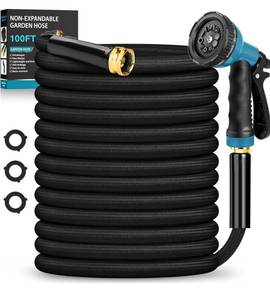 lot 4637 image: Garden Hose 100FT Non-Expanding, Lightweight Hose With 10-Function Nozzle, Leak-Proof No-Knot, Easy to Carry, Wear-Resistant, Sturdy 34GHT Flexible Water Hose for Outdoor (Black with Nozzle)