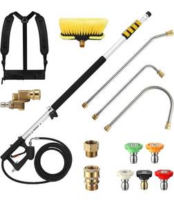 lot 4638 image: 24 FT Telescoping Pressure Washer Wand with Pressure Washer Extension Wand, Brush Head, Gutter Cleaner, 5 Spray Nozzle Tips, 2 Hose Adapters and Support Belt