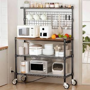 lot 4641 image: Bakers Rack with Power Outlet & Storage, 36 Inch Microwave Stand Kitchen Cart, 4-Tier Metal Kitchen Shelves Cart with Wheels & 20 S-Hooks for Kitchen, NSF Certified, 63 x 18 x 36 Inch-Black