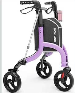 lot 4721 image: HOMLAND Foldable 3 Wheel Walkers for Seniors, Lightweight 10.4 lbswith Cane & Cup Holder, Height Adjustable, 8 big wheel, Purple