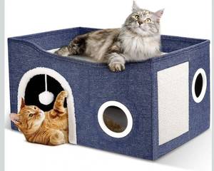 lot 4723 image: Cat House for Indoor Cats - Large Cat Bed Cave with Fluffy Ball and Scratch Pad, Foldable Cats Houses & Condos, Cat Hideaway, Covered Kitty Bed for Multi Small Large Kitty, 23.8x15.9x13.2 Inch