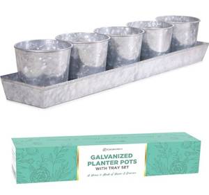 lot 4725 image: Galvanized Metal Herb Planter, 5 Pots with Drainage Holes, Indoor Outdoor Use, Farmhouse Decor, 19.5x3.9x3.5 inches