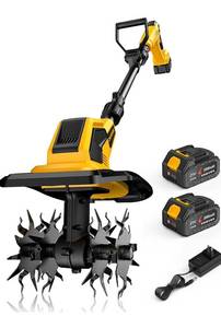 lot 4729 image: Tiller, Cordless Tiller Cultivator with 48 Steel Tines, 9 inch Tilling Width and 6.7 inch Depth, 2 x 3.0Ah 21V Batteries & Charger, Gardening Tools for LawnGardeningSoil Cultivation