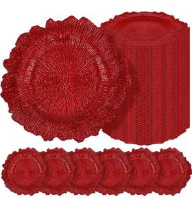 lot 4737 image: Teruntrue 50 Pcs Red Charger Plates Bulk 13 Inch Plastic Charger Plates for Dinner Plate, Red Chargers for Table Setting, Reef Design Plate Floral Decorative Round Chargers for Wedding Party, Event