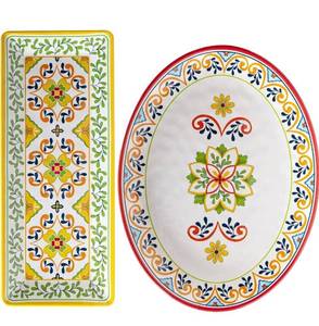 lot 4738 image: Melamine Serving Platter, Set of 2,Talavera Melamine Large Serving Tray,19x8 Rectangular and 18x14 Oval Platter Set. Multi-Color