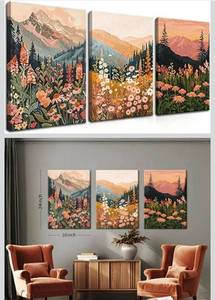 lot 4741 image: Framed Wildflower Mountain Landscape Wall Art Set of 3, Colorful Floral Wall Decor, Boho Sunset Landscape Canvas Artwork, Earth Tone Botanical Poster Prints for Living Room Bedroom 16x24 Inch