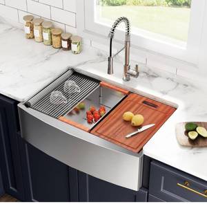 lot 4748 image: 33x22 Inch Farmhouse Kitchen Sink&nbsp ALWEN 16 Gauge Scratch-Resistant Stainless Steel Workstation Apron Front Single Bowl Sink, R10 Radius, Ledge