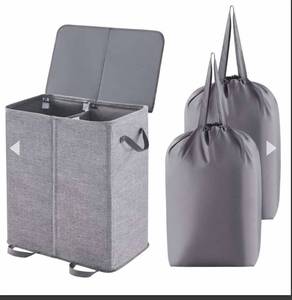 lot 4775 image: Lifewit Double Laundry Hamper Basket with Lid and Laundry Bags Dark Grey