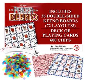 lot 4833 image: Regal Games - Poker Keeno Bulk Game Set - Includes 36 Two-Sided Boards, 600 Scoring Chips, 1 Deck of Standard Poker Cards - 72 Unique Board Layouts- Casino Night Card Game- Compatible w Poker Keno