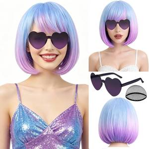 lot 4834 image: PLULON Blue Purple Ombre Bob Wig with Bangs, Colorful Short Funny Bob Wigs with Heart Sunglasses Hair Cap Cosplay Hairpieces for Halloween Costume Party Heat Temperature Synthetic Fiber for Women Men