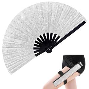 lot 4853 image: EOSAU Large Glitter Rave Fan Folding Hand Fans for Line Dancing Portable Handheld Clack Fan With Holster for Festival EDM Party Music Outfit Accessories (13 White Suit 02)