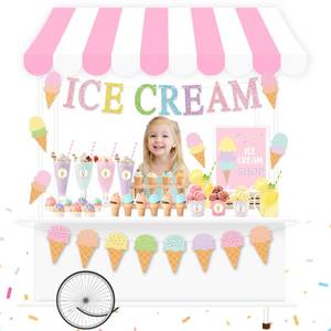 lot 4887 image: Ice Cream Party Stand Decor Kit, Summer Sundae Playstand Play Shop ICE CREAM Banner Waterproof Canopy Table Sign Cups Tag Stickers, DIY Ice Cream Themed Party Shop Cart, Girls Boys Role Play