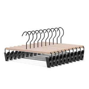 lot 4920 image: Nature Smile Beech Wooden Pants Skirt Hanger for Jeans Bottom Trousers with 2-Adjustable Black Matt Clips and Hook 10 Pack (Natural WoodBlack Metal)