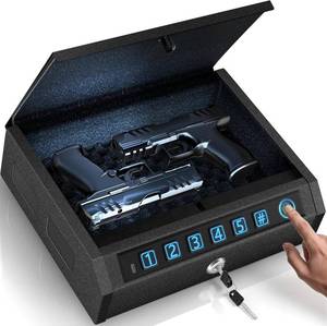 lot 4935 image: Gun Safe for Handgun, Biometric Handgun Safe with Stealth Mode Quick Access with LED Light, 3-Way Unlock Fingerprint Digital PIN Key Pistol Safe, Handgun Safe Lock Box with Carbon Steel Cable for Car