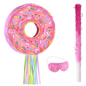lot 4938 image: Suilung Pink Donut Pi�ata with String, Bat and Blindfold Multicolor Colorful Small Pi�ata for Reveal Shower Donut Grow up Theme Party Birthday Anniversary Party, 12.6 x 12.6 x 3.15 Inch