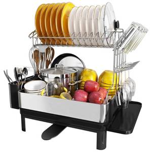 lot 4939 image: BOOSINY 2 Tier Stainless Steel Dish Drainer Drying Rack with Drainboard for Kitchen Counter, Modern Black and Silver, Rust Proof Metal, Space Saving Double Countertop Big Plates Dryer and Tray, Large