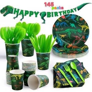 lot 4948 image: JOYIN 145 Piece Dinosaur Birthday Party Supplies with Banner, 24 Serves Dinosaur Disposable Tableware Set with Plates, Cups, Napkins, and Cutlery Sets for Dinosaur Themes Party Kids Years