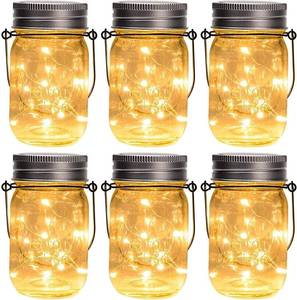 lot 4975 image: GIGALUMI Hanging Mason Jar Solar Lights, 6 Pack 30 Led Hanging Solar Lanterns Outdoor Waterproof, Hangers and Jars Included