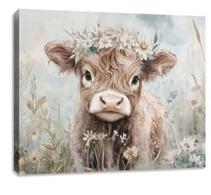 lot 5546 image: Funny Cute Highland Cow Canvas Wall Art Highland Cattle Picture Painting Wall Decor Flowers Animals Poster Print Artwork Decoration for Farmhouse Living Room Bedroom Home Decor 36L x 24W