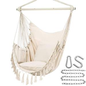 lot 5591 image: Y- STOP Hammock Chair Hanging Rope Swing, Max 500 Lbs, 2 Cushions Included, Large Macrame Hanging Chair with Pocket for Superior Comfort, with Hardware Kit (Beige)