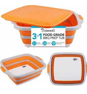 lot 5595 image: Tiawudi Large Collapsible BBQ Prep Tub with Lid(4.22 Gal16L), Foldable Camping Sink with Colander, Cutting Board, Dish Basin for Kitchen, Bowl, Vegetable and Fruit, Storage Basket for Picnic
