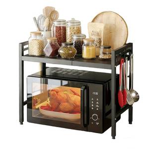 lot 5600 image: WFJINHAN Extendable 2 Tier Microwave Oven Stand, Adjustable Microwave Rack Toaster Shelf, Heavy Duty Rack Kitchen Counter Top Organizer with 6 Hooks for Kitchen