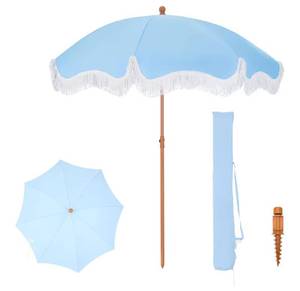 lot 5620 image: 7ft Fringe Beach Umbrella with Sand Anchor Outdoor Patio, UPF 50, Blue