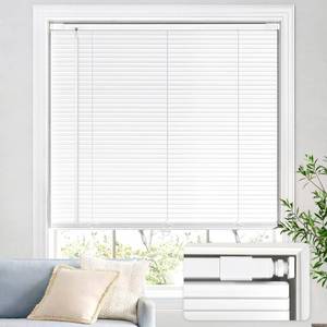 lot 5673 image: UNISHADES No Drill Aluminum Cordless Mini Blinds, 33.5x64 in, White