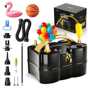 lot 5721 image: Bezente Balloon Pump Electric, 4-in-1 Portable Black Gold Balloon Air Pump Inflator with Dual Nozzle Balloon Blower Machine for Sports Balls 260 Foil Balloons Birthday Wedding Party Decoration