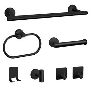 lot 5763 image: 7 PCS Bathroom Hardware Set, Matte Black Stainless Steel Bathroom Tower Rack Set Wall Mounted Includes 16 Towel Bar, Toilet Towel Paper Holder, Towel Ring, 4 Robe Towel Hooks