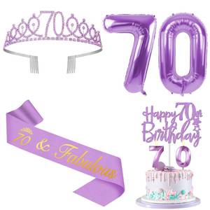 lot 5772 image: 70th Birthday Decorations for Women Purple with 70th Birthday Sash and Crown, Cake Topper and Candles, Number Balloons, 70 Year Old Gifts for Women
